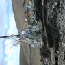 A cairn and prayer flags at the top of a pass.