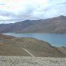 A view of Yamdrok Lake from the top of a pass.