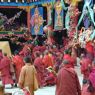 Monks and nuns exiting the inner courtyard of the Assembly Hall ['du khang] after the morning teachings.