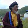 An elderly lama wearing a hat.