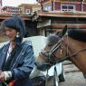 A long haired nomad man leading horses on the street.