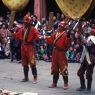 Atsara, laymen, offering food to the local deities,Eight categories "Degye dance" (sDe brgyad), Paro Tshechu (tshes bcu), 1st day, in the dzong.