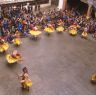 Laymen dancers of the Eight categories "Degye dance" (sDe brgyad), Paro Tshechu (tshes bcu), 1st day, in the dzong.