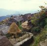 Straw stack beside path