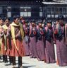 folk dancers from the royal troupe, dance arena, Paro Tshechu (tshes bcu), 2nd day