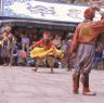 The hunter Gonpo Dorje, his dog and atsara, dance of Milarepa (Sha ba sha khyi 'cham), Paro Tshechu (tshes bcu), dance arena, Paro Tshechu (tshes bcu), 2nd day