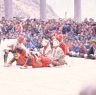 The atsara frolicking with the princesses, Dance of the Noblemen and the ladies (Pho legs mo legs), Paro Tshechu (tshes bcu), dance arena, Paro Tshechu (tshes bcu), 3rd day