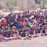 Laymen from the Uchu village in Paro with their characteristic foliage headdress: They  perform the dance of Uchu (U chu gzhas), Paro Tshechu (tshe bcu), 4th day