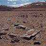 Funerary structure FS1 in the foreground with other enclosures visible. The two standing stelae are faintly visible near the upper right corner of the image.