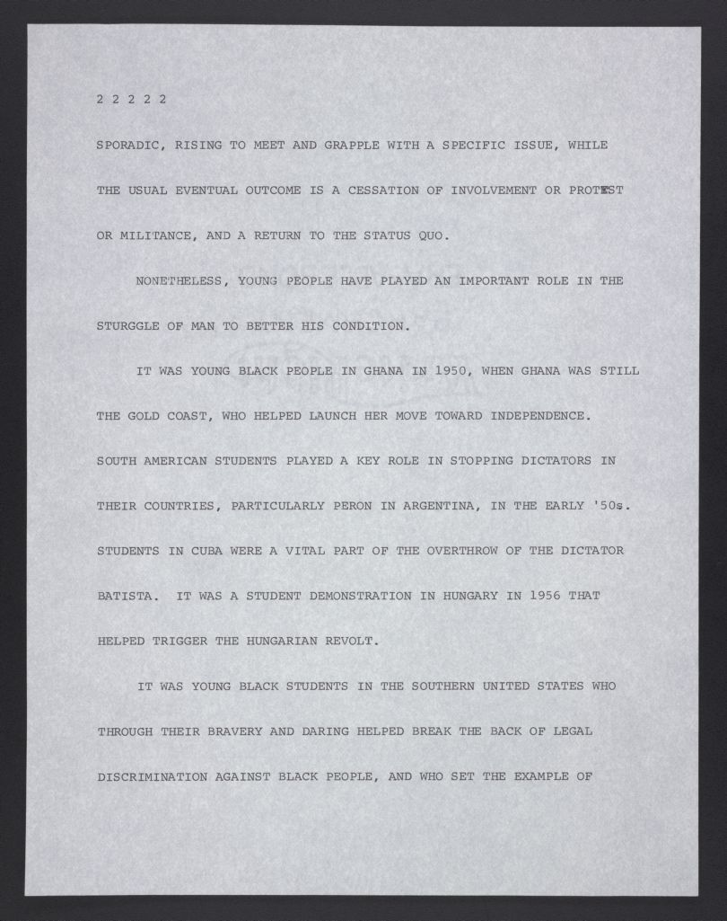 Speech concerning Youthful Activism and the Role Students Play in the Struggle for Better Conditions, 1971 August 21, 2700552