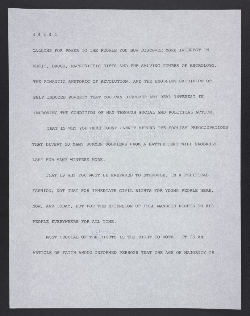 Speech concerning Youthful Activism and the Role Students Play in the Struggle for Better Conditions, 1971 August 21, 2700554