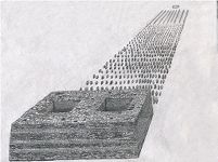 Type II.1c. Quadrate array of pillars with appended edifice (larger example); a reconstruction of the basal structural elements. View from the west (drawn by Kleo Belay)